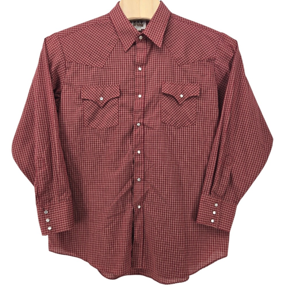 Vtg Ely Cattleman Shirt Mens XL Red Burgundy Check Western Pearl Snap 90s USA
